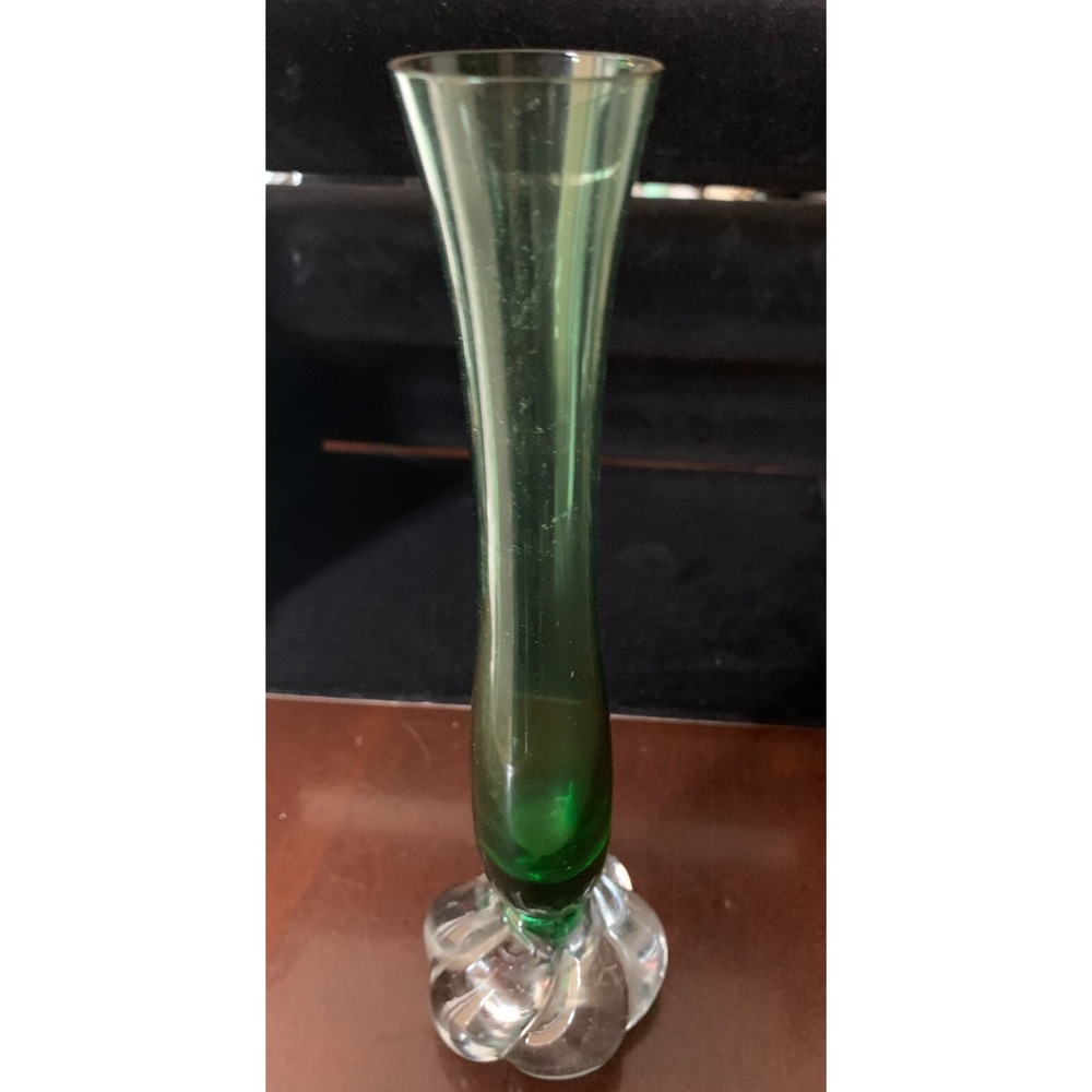 Vintage Bud Green Vase Round Weighted Clear‎ Base Hand Blown Swedish Made